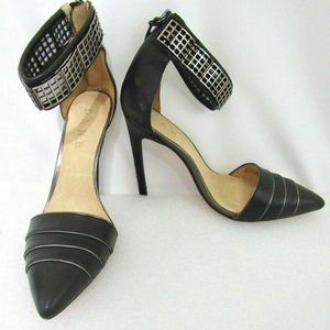 L.A.M.B. Black Trystan Leather Pumps Pointed Toe Ankle Strap Size 8